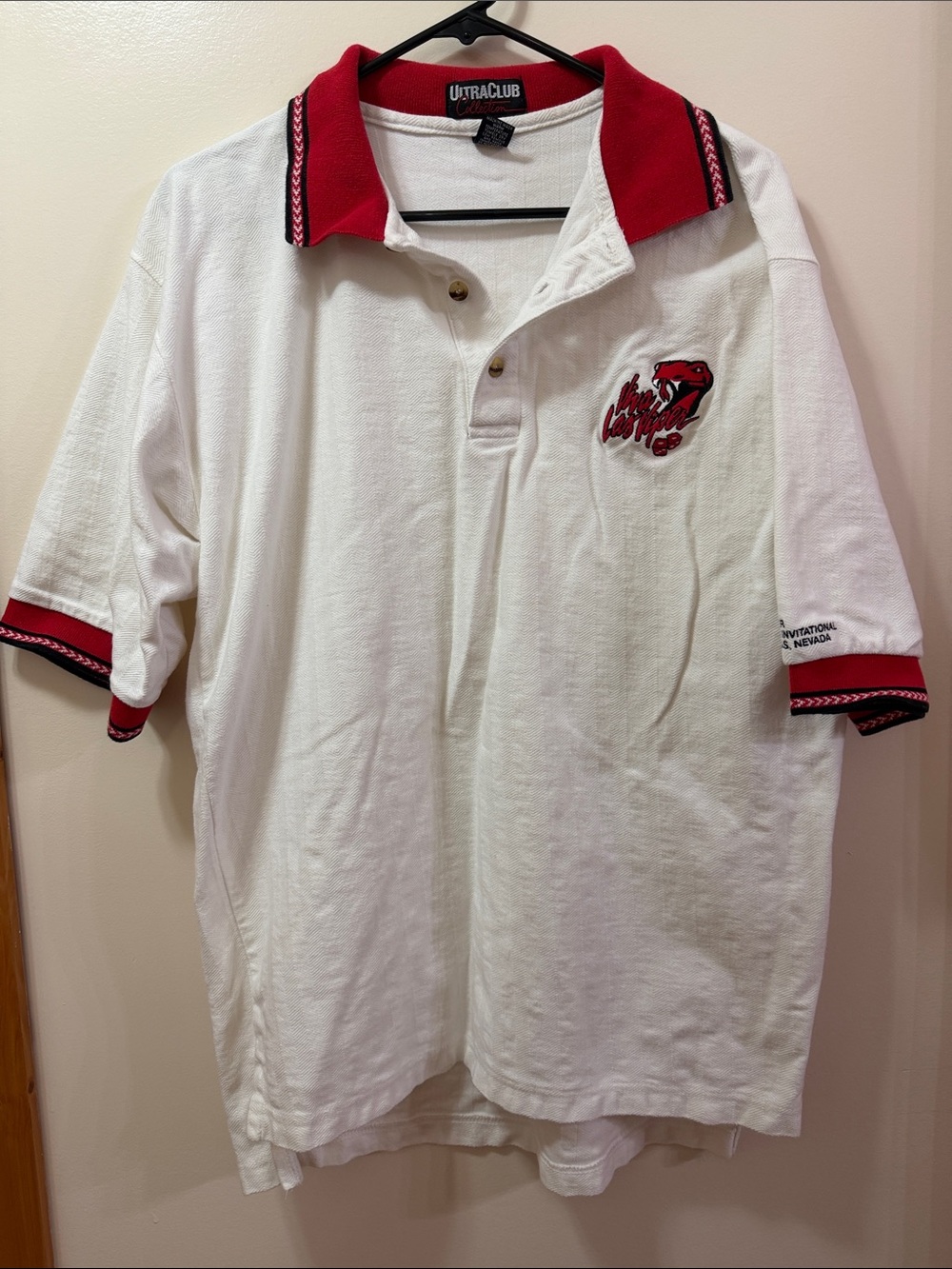 UltraClub Collection. Vintage White Polo Shirt with Red Sneak and Trim. NWOT